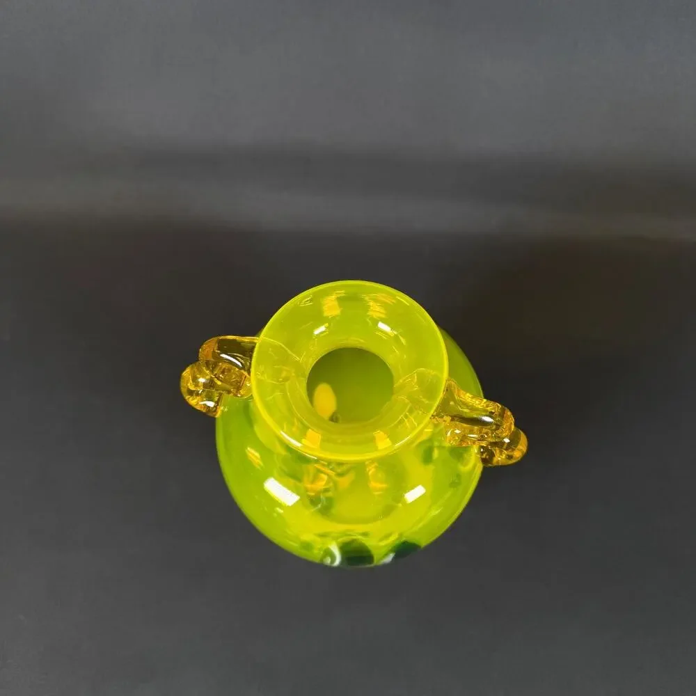 Hand Blown Art Glass Vase Yellow Handles Murano style vintage 7in